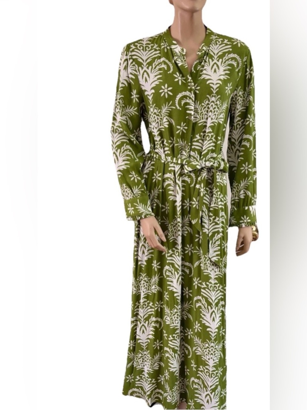 Zara Olive Green and White Long Sleeve Maxi Dress
